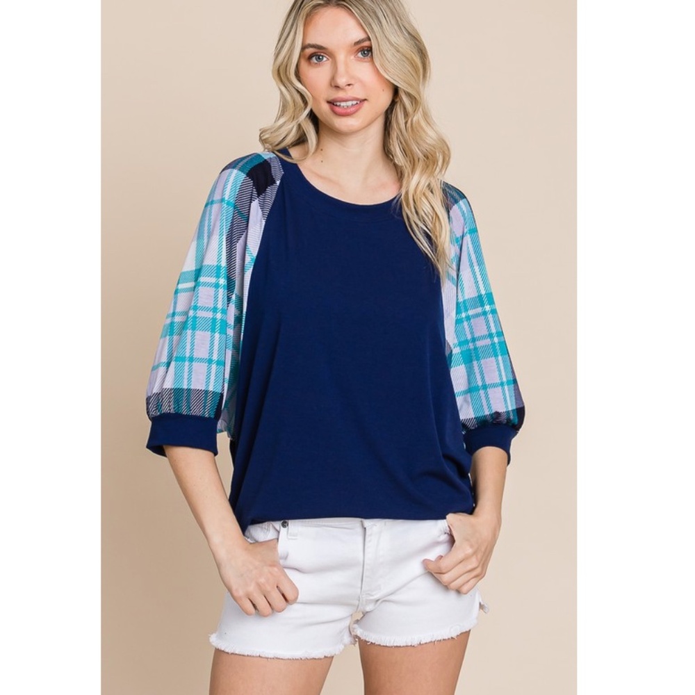 🌻 Emerald Navy Top with Plaid Teal and Light Blue Puff Sleeves - Picture 2 of 9